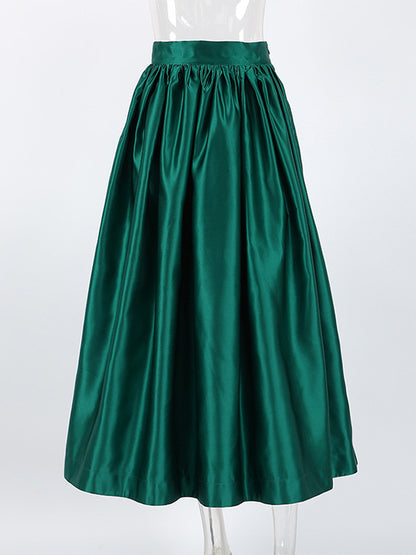 Satin High Waist Women Maxi Skirt - Elegant Pleated Full Swing - Royal Core Wedding Guest Party Skirt 2026
