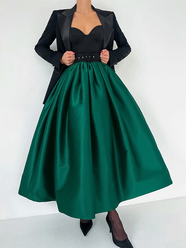 Satin High Waist Women Maxi Skirt - Elegant Pleated Full Swing - Royal Core Wedding Guest Party Skirt 2026