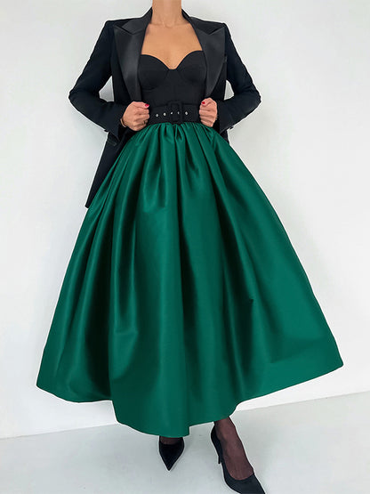 Satin High Waist Women Maxi Skirt - Elegant Pleated Full Swing - Royal Core Wedding Guest Party Skirt 2026