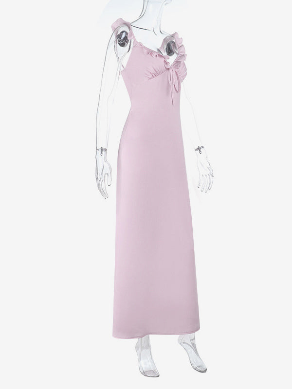 Baby Pink Women Maxi Dress - Elegant Ruffle V-Neck Tie Front Slip - Coquette Aesthetic Summer Vacation Beach Dress 2026