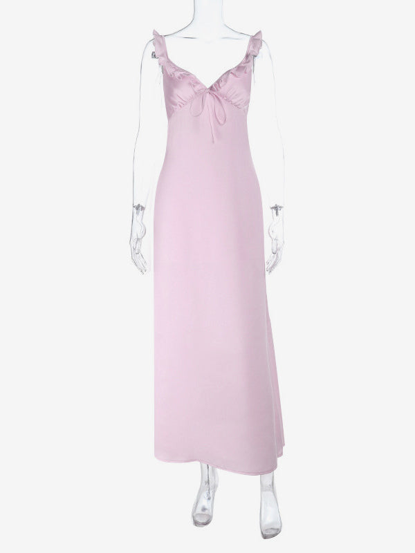 Baby Pink Women Maxi Dress - Elegant Ruffle V-Neck Tie Front Slip - Coquette Aesthetic Summer Vacation Beach Dress 2026