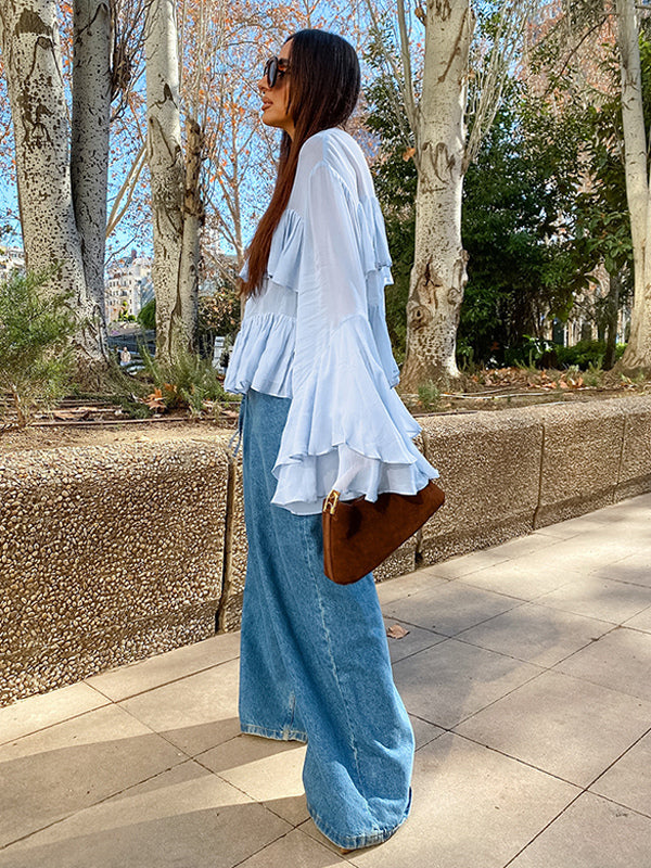 Tiered Ruffle Light Blue Women Blouse - Elegant High Neck Bell Sleeve Top - Boho Chic Beach Wear 2026