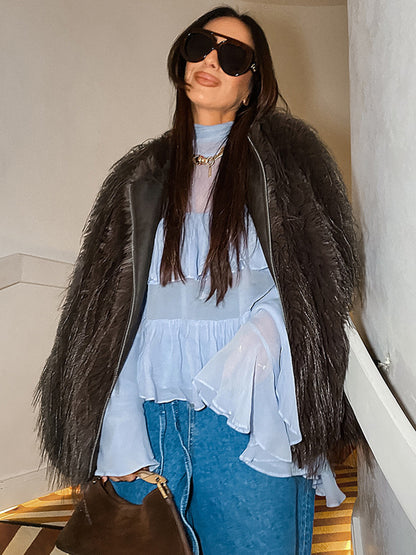 Tiered Ruffle Light Blue Women Blouse - Elegant High Neck Bell Sleeve Top - Boho Chic Beach Wear 2026