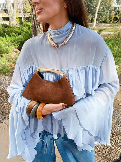 Tiered Ruffle Light Blue Women Blouse - Elegant High Neck Bell Sleeve Top - Boho Chic Beach Wear 2026