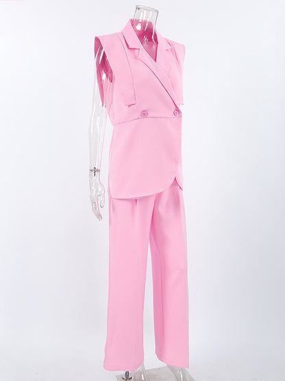 Sleeveless Blazer Set For Women Business Casual - Pink Chic Double Breasted Tailored Cut - 2026 Summer Work Outfit