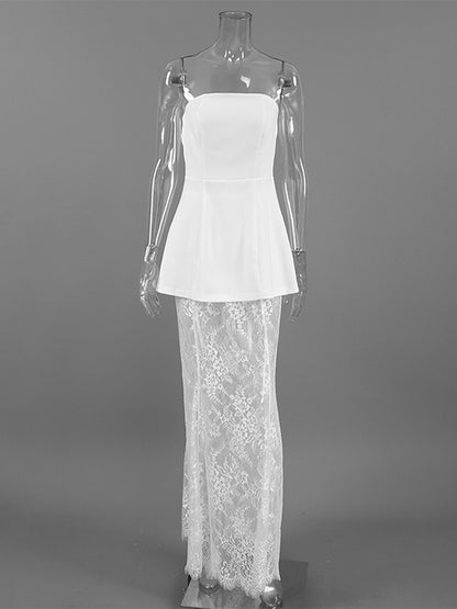 Strapless Top & Lace Maxi Skirt Women's Two Piece Set - Elegant Slim Fit Floral Lace - Summer Party Club Night Wear 2026