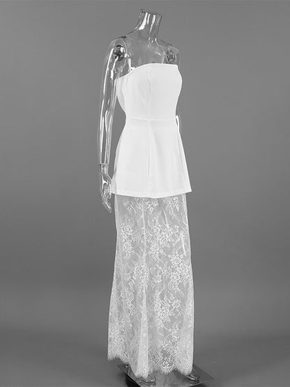 Strapless Top & Lace Maxi Skirt Women's Two Piece Set - Elegant Slim Fit Floral Lace - Summer Party Club Night Wear 2026