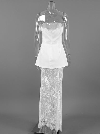 Strapless Top & Lace Maxi Skirt Women's Two Piece Set - Elegant Slim Fit Floral Lace - Summer Party Club Night Wear 2026