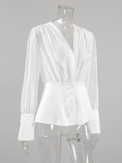 White Deep V Neck Women Blouse - Sexy Sheer Long Sleeve Top - French Style Night Out Spring Streetwear 2026