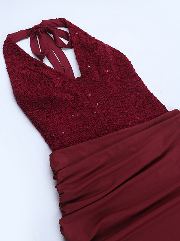 Burgundy Sequin Women Halter Maxi Dress - Elegant Ruched Bodycon Backless Mermaid Gown - Prom Party Outfit 2026