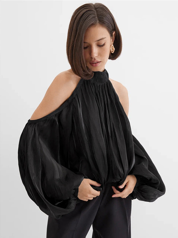 Cold Shoulder Women Halter Blouse - Elegant Lantern Sleeve Loose Fit Top With Scarf - Fairycore Spring Party Top 2026