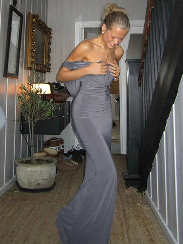 Grey Cowl Neck Women Maxi Dress - Elegant Backless Slim Bodycon - Minimalist Evening Gala 2026
