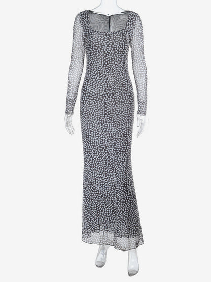 Polka Dot Mesh Women Maxi Dress - Retro Square Neck Long Sleeve Bodycon - French Chic Spring Vacation 2026