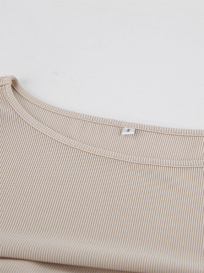 Beige Ribbed Women Long Sleeve Top - Chic Ruched Front Flare Sleeve Slim Fit - Minimalist Basic Spring Casual Streetwear 2026