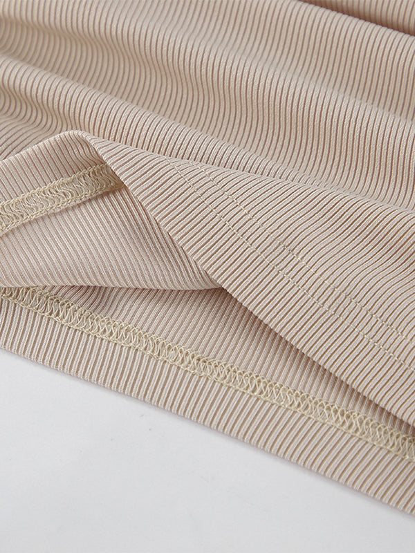 Beige Ribbed Women Long Sleeve Top - Chic Ruched Front Flare Sleeve Slim Fit - Minimalist Basic Spring Casual Streetwear 2026