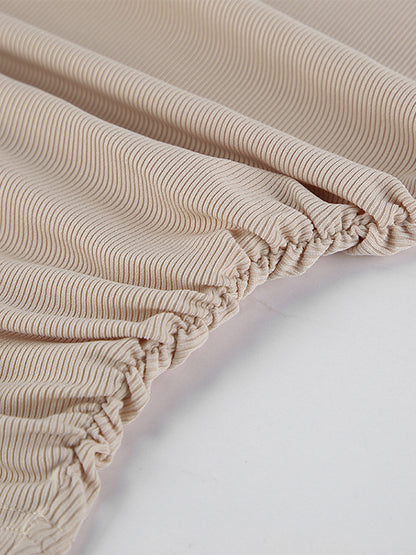 Beige Ribbed Women Long Sleeve Top - Chic Ruched Front Flare Sleeve Slim Fit - Minimalist Basic Spring Casual Streetwear 2026