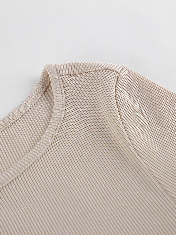 Beige Ribbed Women Long Sleeve Top - Chic Ruched Front Flare Sleeve Slim Fit - Minimalist Basic Spring Casual Streetwear 2026