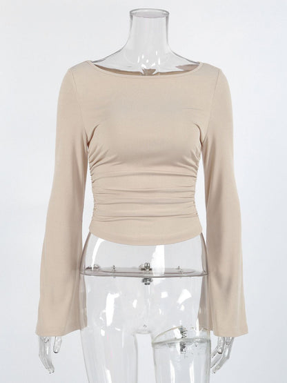 Beige Ribbed Women Long Sleeve Top - Chic Ruched Front Flare Sleeve Slim Fit - Minimalist Basic Spring Casual Streetwear 2026