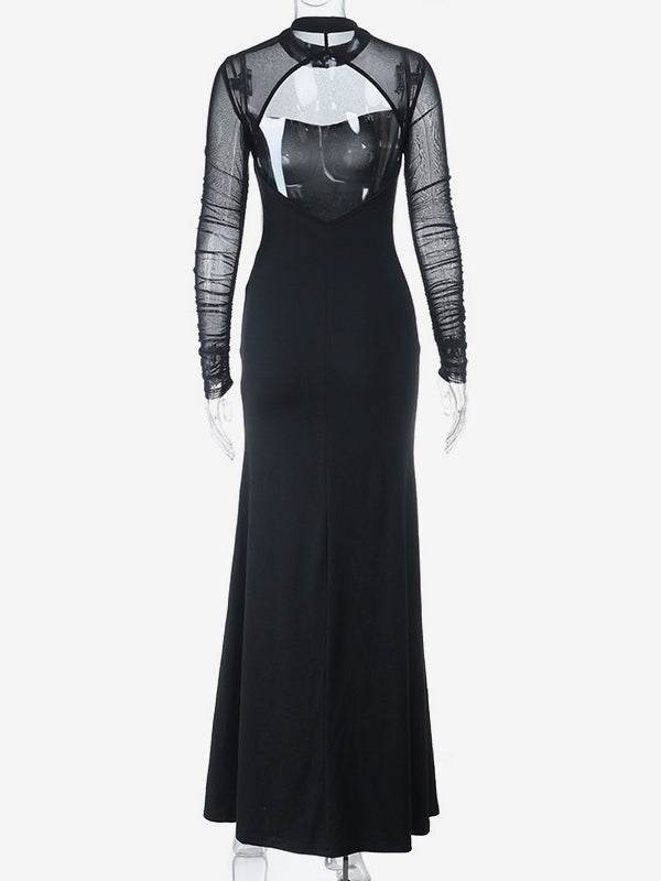 High Slit Mesh Sleeve Women Maxi Dress - Sexy Open Back Slim Black Bodycon - Goth Core Party Night Outfit 2026