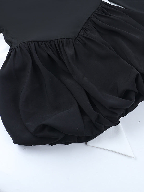 Square Neck Women Bubble Mini Dress With Big Bow - Black Long Sleeve Elegant Contrast - Audrey Style Spring Party Wear 2026
