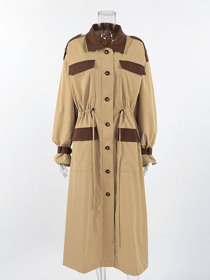 Barn Color Block Women Long Trench Coat - Utility Drawstring Waist Longline Fit - Safari Style Spring Casual Outwear 2026
