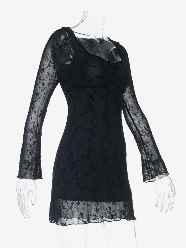 Vintage Floral Lace Women Bodycon Mini Dress - Sexy Sheer Long Sleeve Square Neck - Coquette Aesthetic Spring Date Night 2026