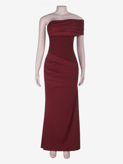 Burgundy One Shoulder Women's Maxi Gown - Elegant Ruched Bodycon Long Dress - Old Money Aesthetic Evening Party Wear 2026