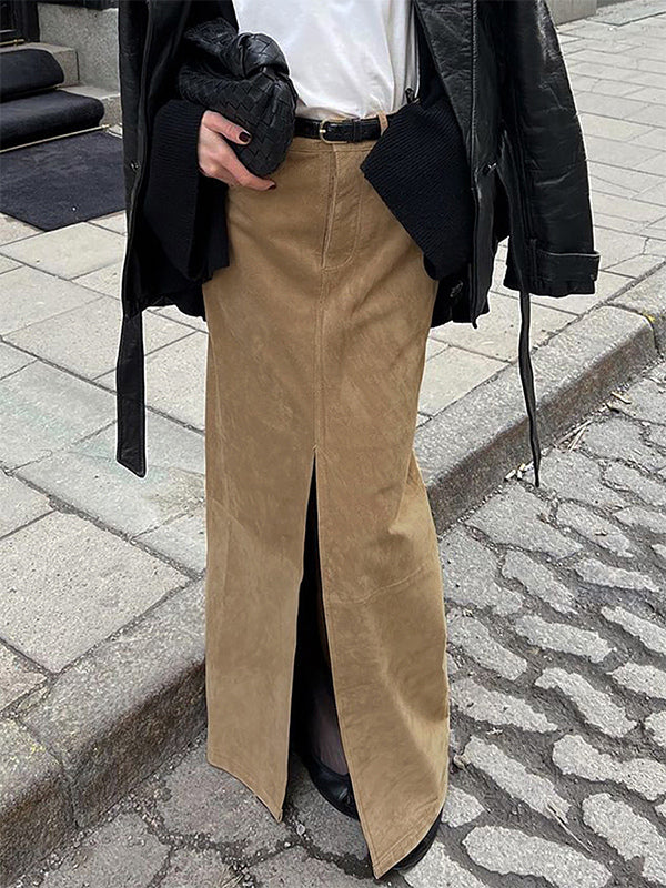 Faux Suede Women Maxi Skirt - Chic Front Slit High Waisted - Quiet Luxury Spring Streetwear 2026
