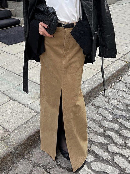 Faux Suede Women Maxi Skirt - Chic Front Slit High Waisted - Quiet Luxury Spring Streetwear 2026