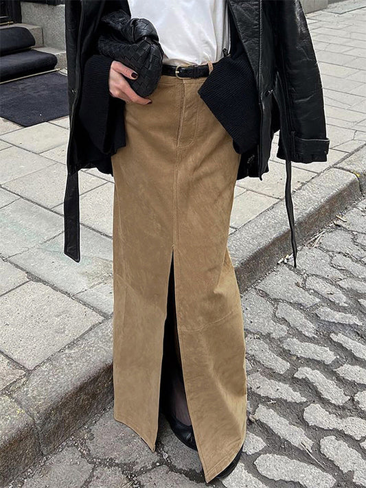 Faux Suede Women Maxi Skirt - Chic Front Slit High Waisted - Quiet Luxury Spring Streetwear 2026