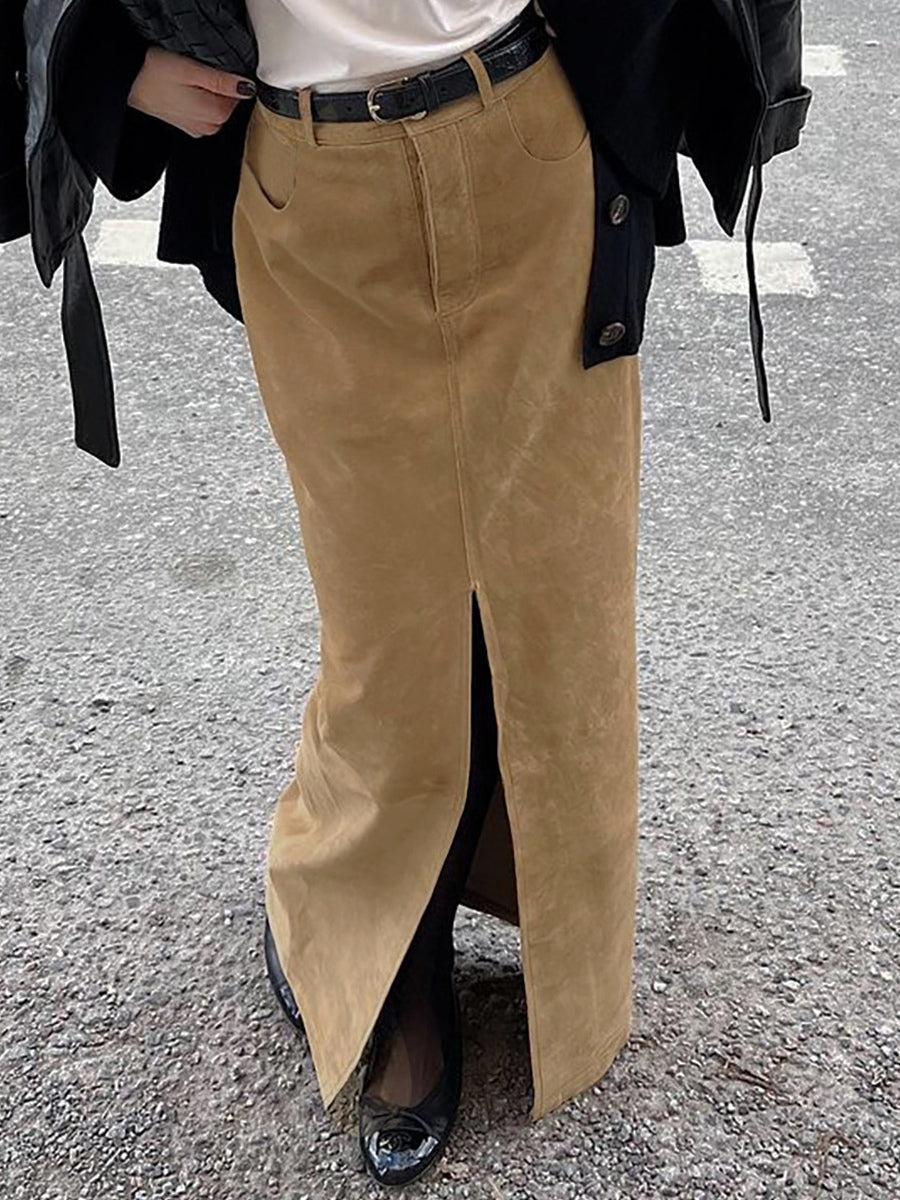 Faux Suede Women Maxi Skirt - Chic Front Slit High Waisted - Quiet Luxury Spring Streetwear 2026