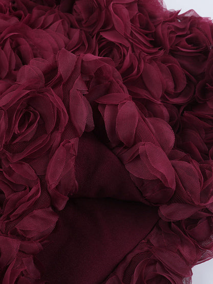 3D Rose Petal Hem Burgundy Women Mini Dress - Romantic Bodycon Dress With Scarf - Coquette Aesthetic Summer Party Outfit 2026