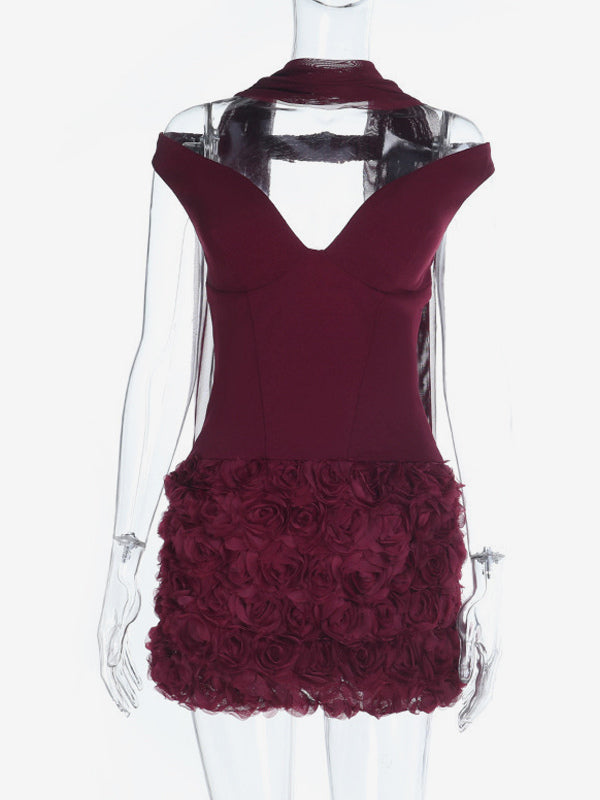 3D Rose Petal Hem Burgundy Women Mini Dress - Romantic Bodycon Dress With Scarf - Coquette Aesthetic Summer Party Outfit 2026