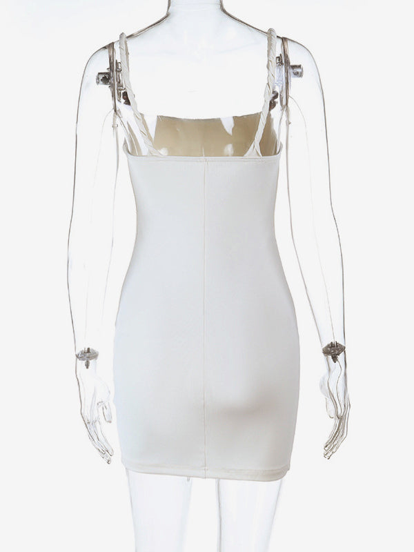 Beaded Strap Women's Mini Dress - Minimalist White Cami Bodycon - Coastal Grandmother Summer Vacation Beach Dress 2026