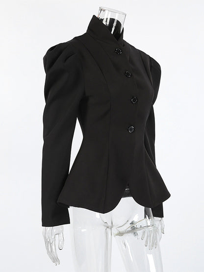 Vintage Peplum Blazer For Women - Puff Sleeve Stand Collar Slim Fit Jacket - Chic Spring Party Outerwear 2026