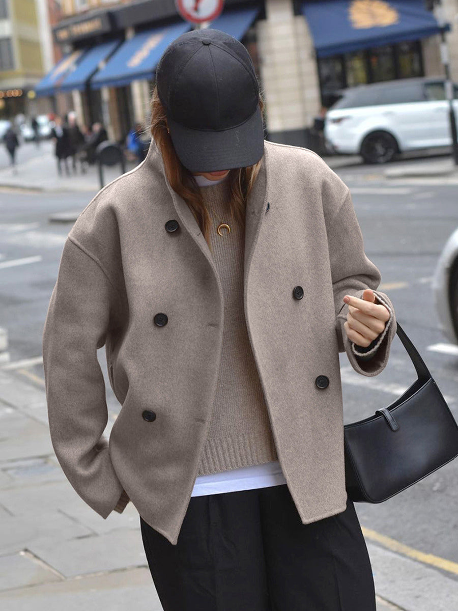 Double Breasted Women's Short Coat - Minimalist Stand Collar Boxy Outerwear - Old Money Aesthetic Spring Streetwear 2026