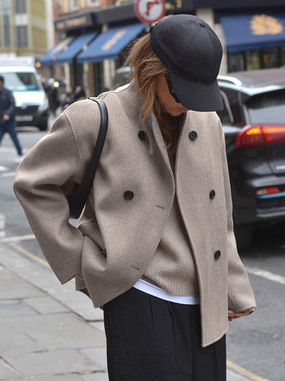 Double Breasted Women's Short Coat - Minimalist Stand Collar Boxy Outerwear - Old Money Aesthetic Spring Streetwear 2026