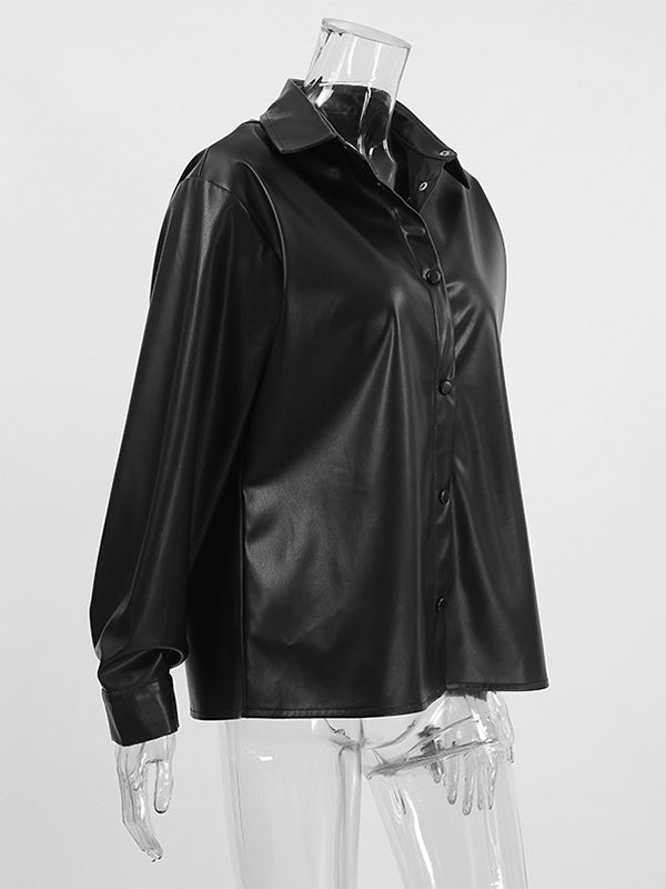 Faux Leather Shirt Women's Button Down Shacket - Minimalist Collared Long Sleeve Top - Oversized Streetwear Spring Outfits 2026