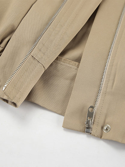 Khaki Lightweight Women's Bomber Jacket - Minimalist Collared Zip-Up Outerwear - Quiet Luxury Spring Casual Streetwear 2026