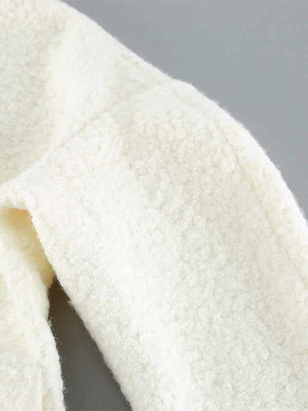 White Boucle Women's Short Jacket - Elegant V Neck Puff Sleeve Slim Fit Outerwear - French Chic Spring Outfits 2026