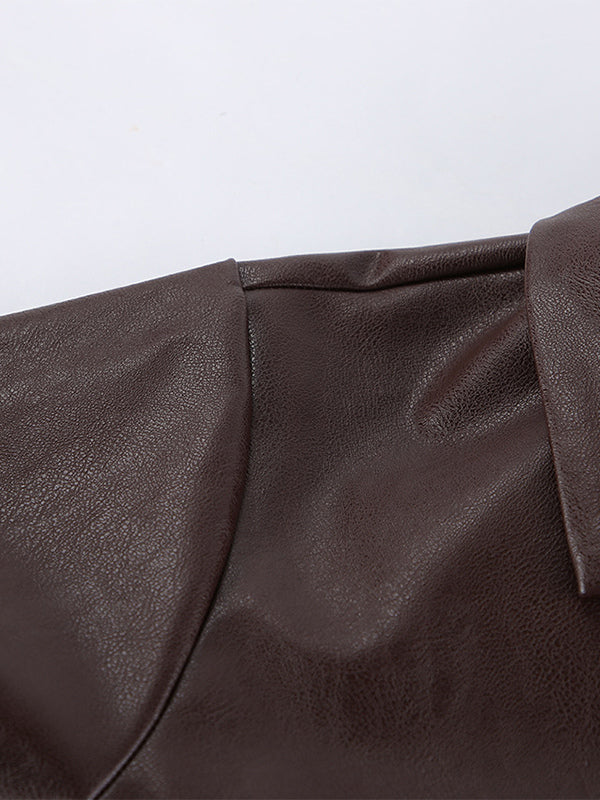Brown Faux Leather Women's Cropped Jacket - Retro Lapel Button Up Boxy Fit Top - Street Casual Spring Outfits 2026