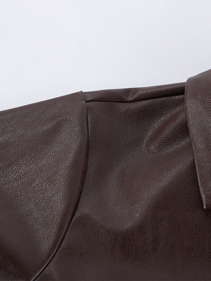 Brown Faux Leather Women's Cropped Jacket - Retro Lapel Button Up Boxy Fit Top - Street Casual Spring Outfits 2026