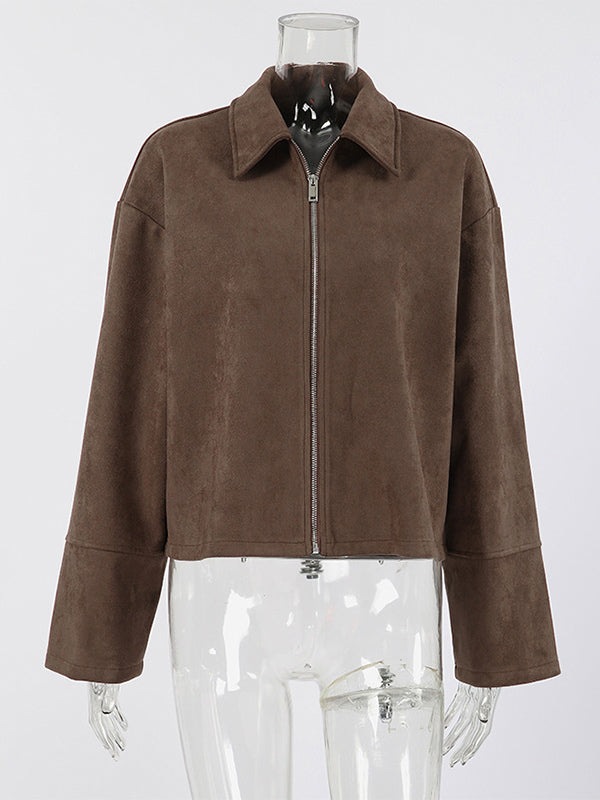 Mocha Suede Women's Cropped Jacket - Minimalist Zip Up Polo Collar Boxy Fit - Street Casual Spring Daily Outfits 2026