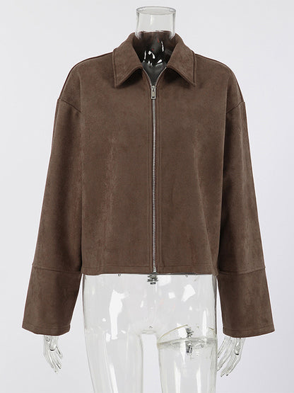 Mocha Suede Women's Cropped Jacket - Minimalist Zip Up Polo Collar Boxy Fit - Street Casual Spring Daily Outfits 2026