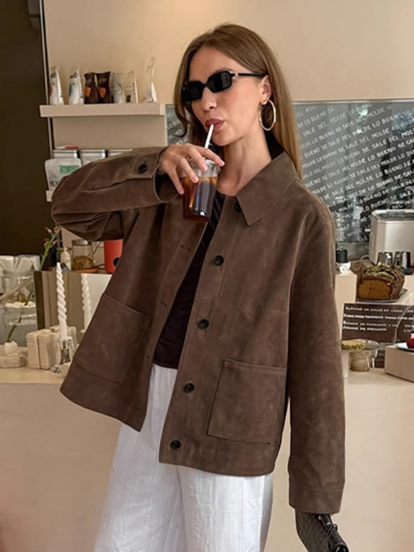 Brown Faux Suede Women's Shacket - Minimalist Turn-down Collar Button Up Jacket With Pocket - Spring Casual Streetwear 2026