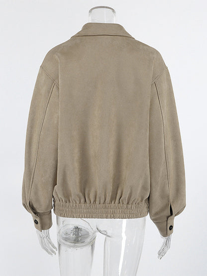 Faux Suede Women's Bomber - Retro Zip Up Elastic Hem Relaxed Fit - Spring Casual Daily Wear 2026