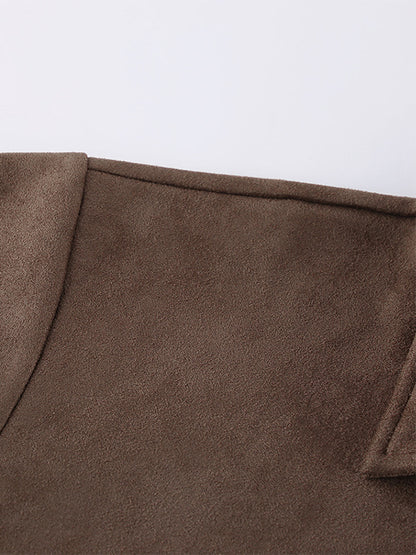 Mocha Suede Women's Cropped Jacket - Minimalist Zip Up Polo Collar Boxy Fit - Street Casual Spring Daily Outfits 2026