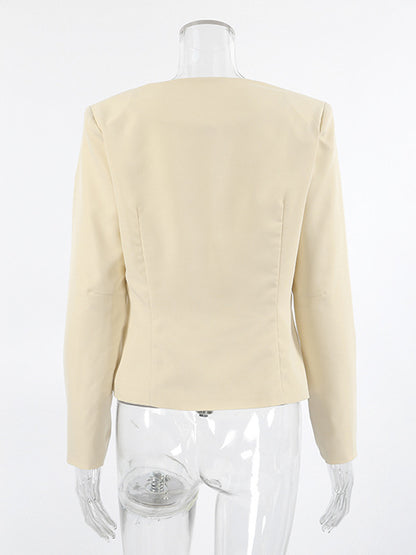Butter Yellow Women's Cropped Blazer - Elegant Buckle Front Round Neck Jacket - Slim Fit Date Night Outfits 2026