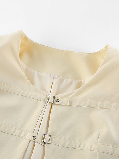 Butter Yellow Women's Cropped Blazer - Elegant Buckle Front Round Neck Jacket - Slim Fit Date Night Outfits 2026