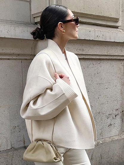 Stand Collar Women's Short Coat - Cream Oversized Fit Jacket - Minimalist Spring Street Casual Outfits 2026